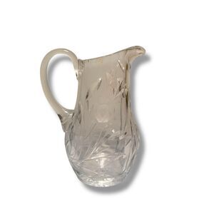 Vintage 1960s Crystal Pitcher Clear Cut Etched Glass Flower Floral Design 7”